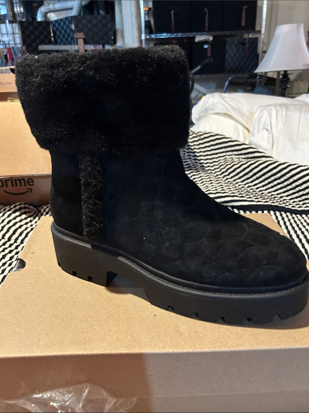 Coach Black Suede Shearling-Trim Lug Ankle Boot